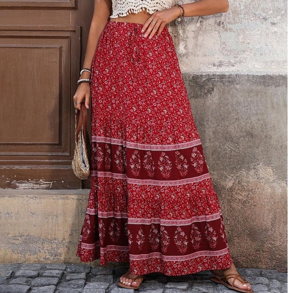Boho Floral Print Stretchy Waist Maxi Skirt - Picture 1 of 4